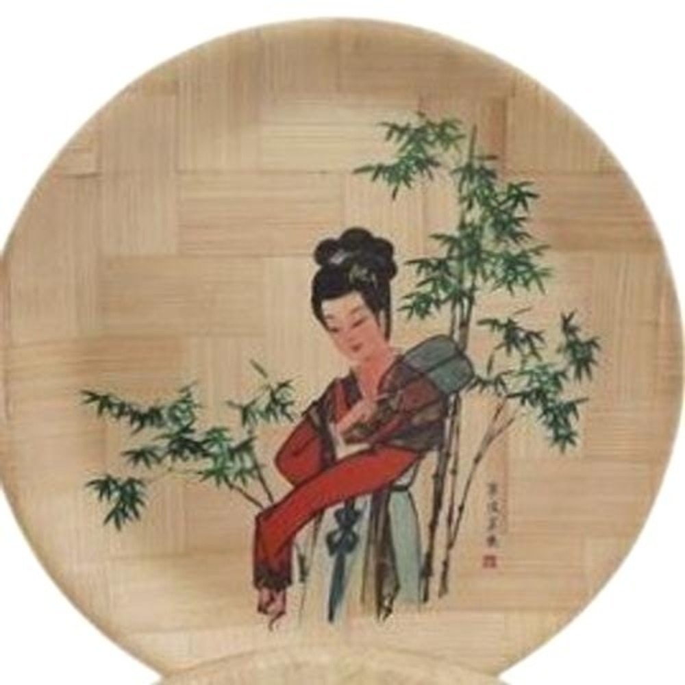 Vintage Hand Painted Bamboo Plate Taiwan Woven Wood Asian Lady Bamboo Decor